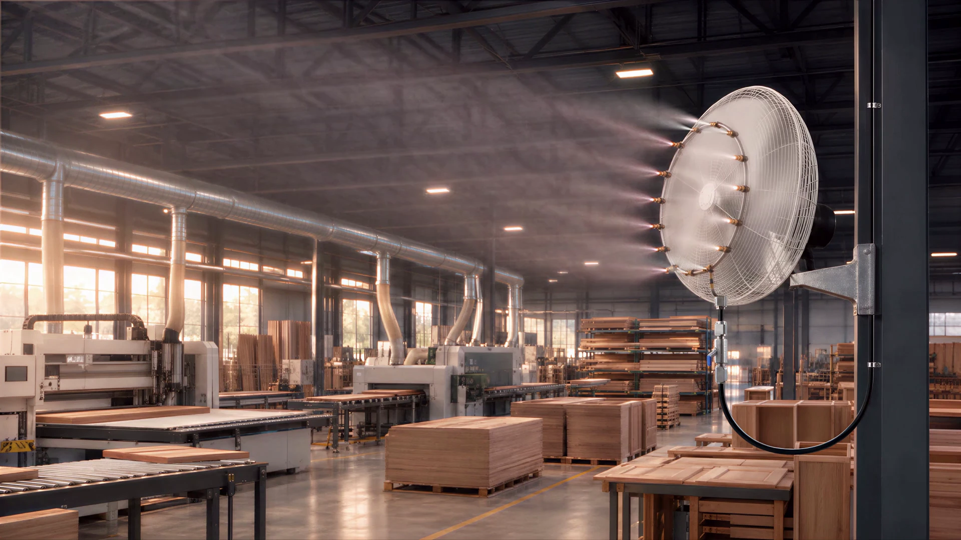 Visualization of a FanMist fan directing fine mist above an oak millwork and cabinetry factory