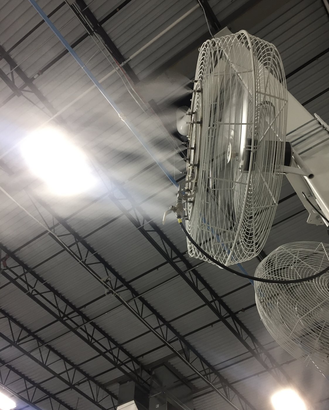 Column-mounted fan releasing fine mist into the label plant's ceiling space
